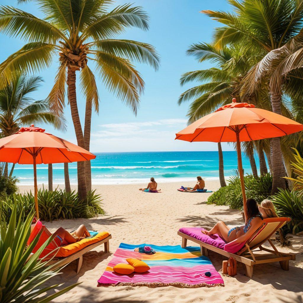 A vibrant beach scene featuring a diverse group of people showcasing the latest beachwear trends, lounging on colorful towels, with beach umbrellas and surfboards in the background. The sun is shining brightly, illuminating the joyful atmosphere, while palm trees sway gently. The focus is on stylish swimwear and accessories, capturing the essence of summer relaxation. vivid colors. tropical vibes. super-realistic.