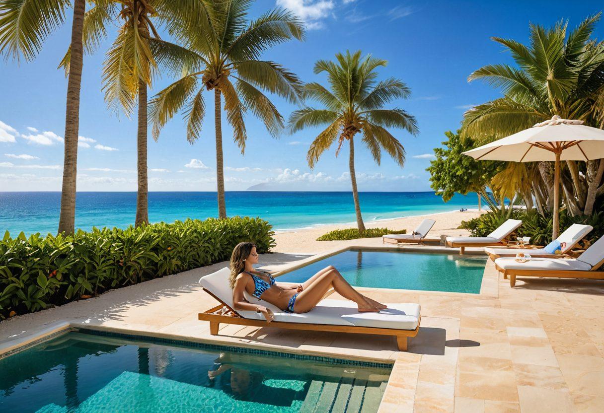 A stylish woman lounging by a luxurious poolside, wearing chic swimwear, with palm trees and colorful pool floats in the background. In the distance, a stunning beachfront view with soft waves and golden sands enhances the summer vibe. The scene captures vibrant sun rays and reflects a sense of relaxation and elegance. super-realistic. vibrant colors. sunny backdrop.